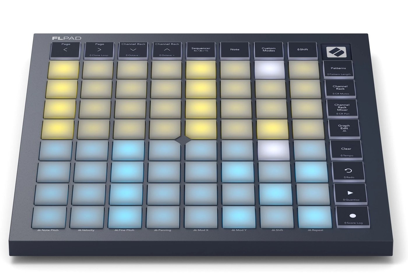 Novation FLpad visto desde arriba con los botones de Sequencer, Note, Patterns, Channel Rack y Graph Edit